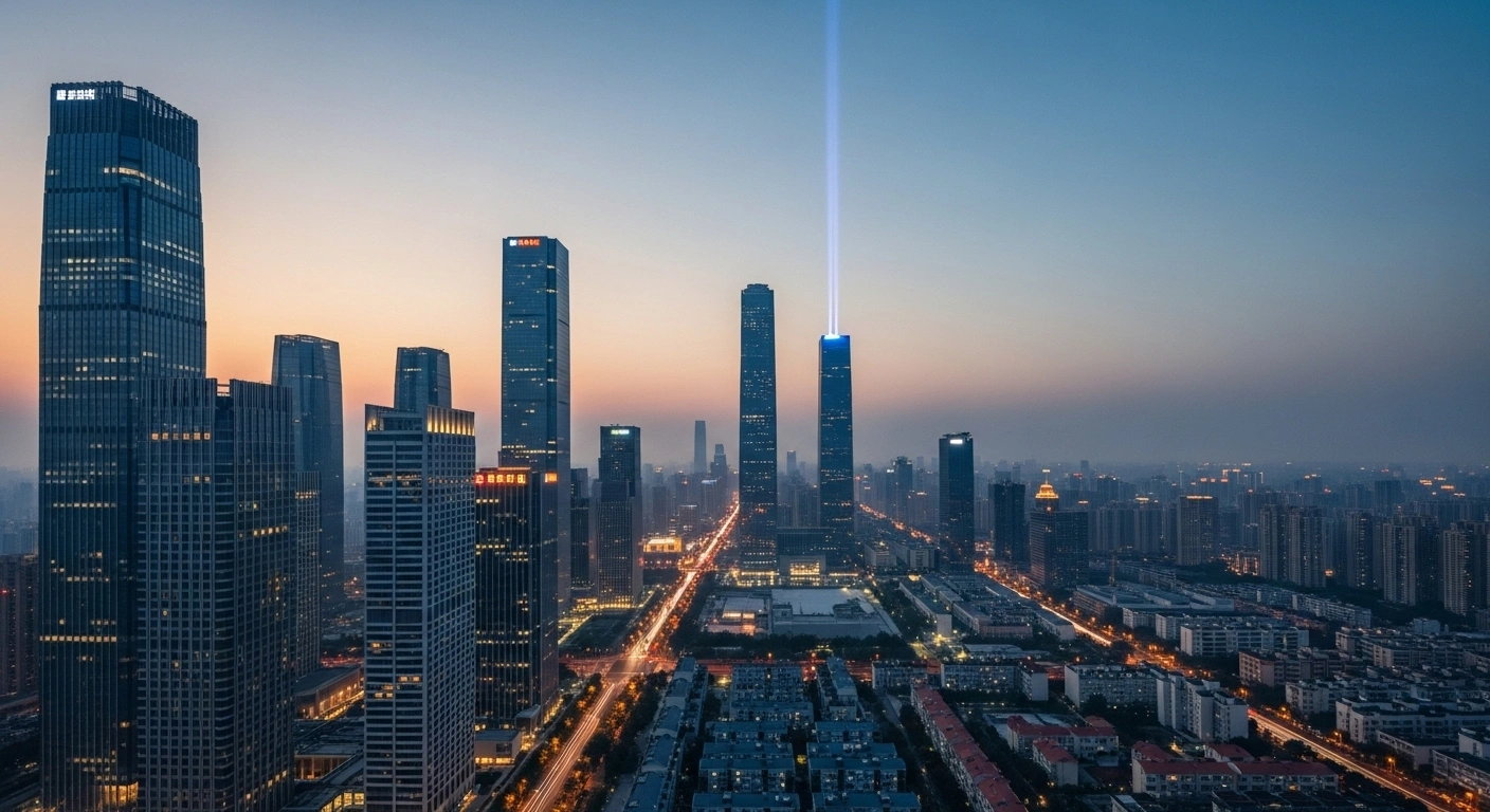 A modern Chinese city skyline at dusk features newly constructed, brightly lit high-rise buildings symbolizing an increase in foreign-invested enterprises, contrasted with a broader, dimmer urban expanse representing a decline in actual foreign direct investment, while a single, powerful beam of light highlights a specific ultra-modern building in the high-tech sector.