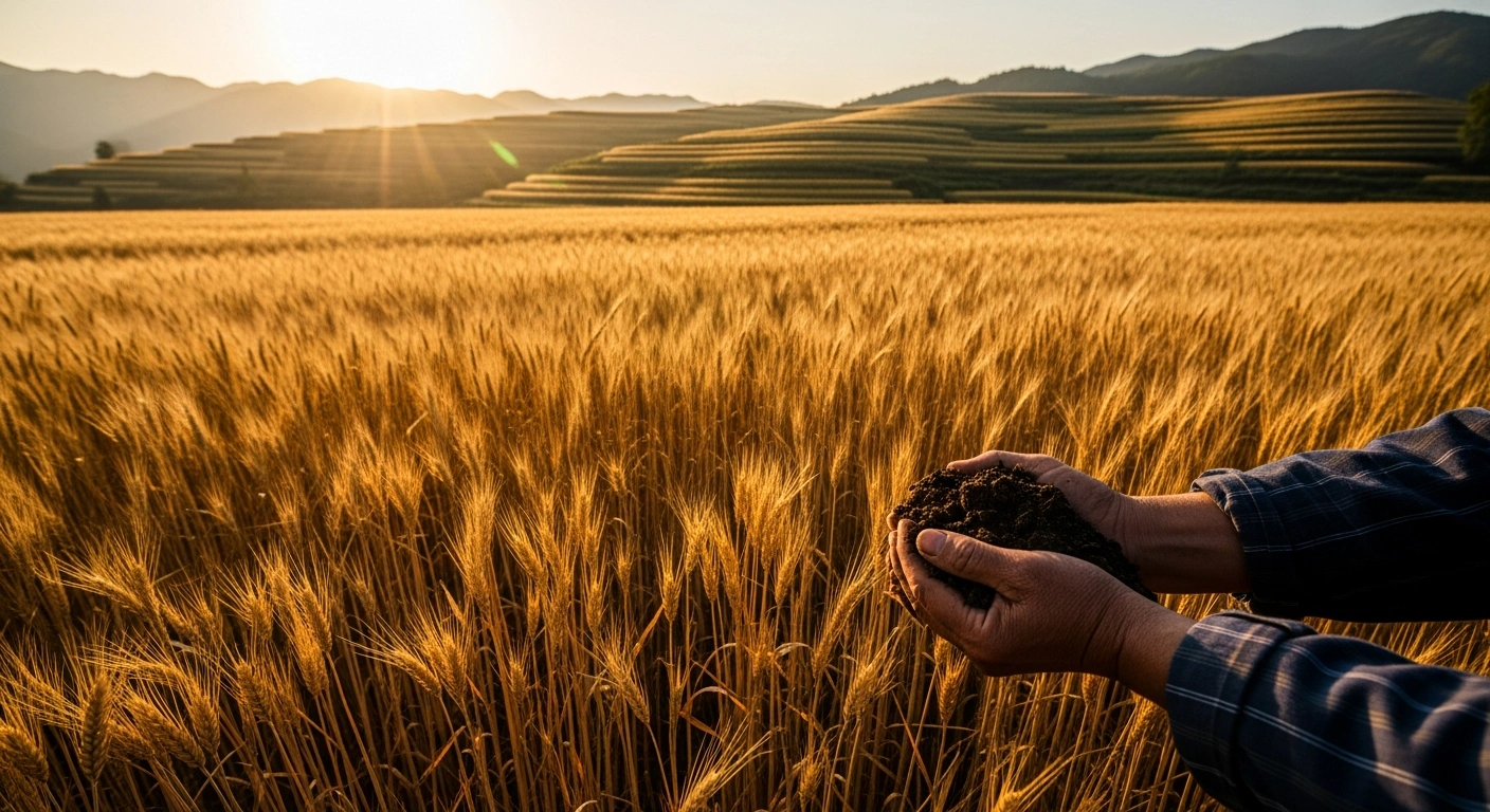 A farmer holds a handful of soil in a golden wheat field in China, representing the government's new restrictions on fertilizer exports to ensure domestic food security.