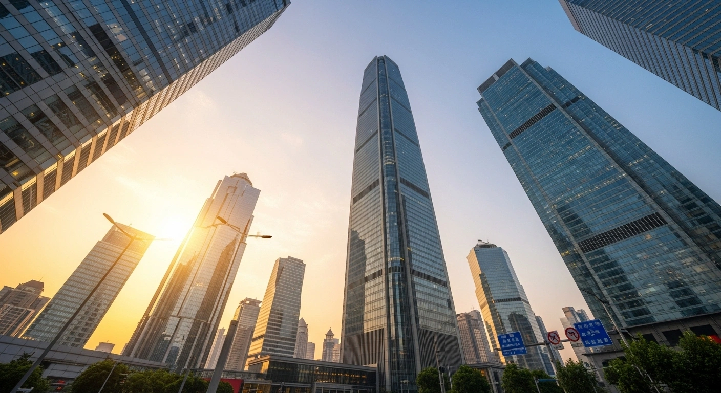 A low-angle view of modern, glass skyscrapers in a bustling Chinese metropolis at golden hour, symbolizing China's economic growth and strengthened financial sector, with banking assets nearing 470 trillion yuan by June 2025 under the 14th Five-Year Plan.