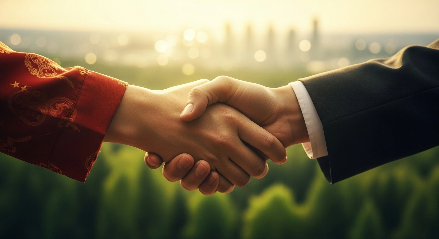 Two hands, one representing China and one Finland, are clasped in a firm handshake against a blurred background blending a green forest and a futuristic cityscape, symbolizing their 75th anniversary of diplomatic relations and future-oriented cooperative partnership.