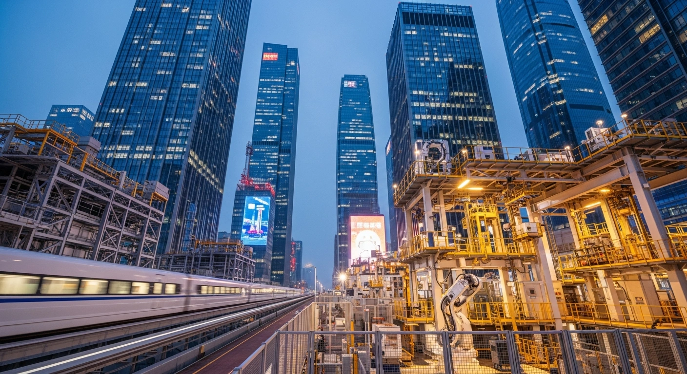 A low-angle view of a hyper-modern industrial complex at dusk, featuring automated machinery, sleek towering structures, and a high-speed maglev train in the foreground, symbolizing China's modernized industrial system, robust domestic market, and innovation-driven growth as outlined in its 15th Five-Year Plan.