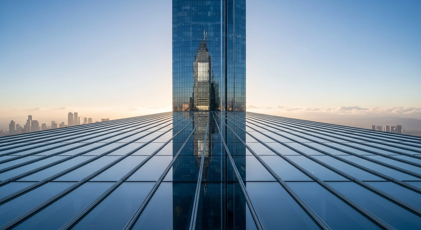 A wide, low-angle shot captures a towering, ultra-modern skyscraper with a glass and steel facade reflecting a technologically advanced cityscape at dawn, symbolizing China's 15th Five-Year Plan for high-quality development, technological self-reliance, and a modernized industrial system to achieve its 2035 modernization goals.