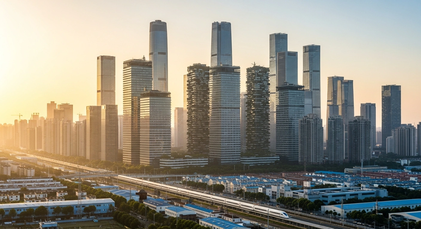 A wide, elevated shot of a futuristic Chinese metropolis at dawn, featuring sleek skyscrapers with vertical gardens and solar panels, and a high-speed maglev train passing through a modernized industrial zone, symbolizing China's 15th Five-Year Plan focusing on high-quality development, technological self-reliance, green initiatives, and industrial modernization.