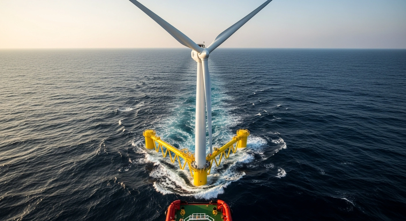 A massive 16-megawatt floating wind turbine platform stands in the deep waters off the coast of Guangdong, China, as part of a new offshore renewable energy project.