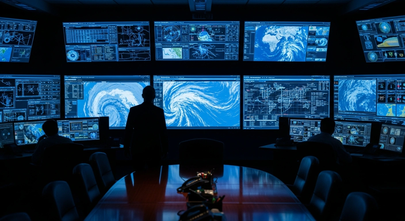 A government official oversees a high-tech emergency operations center coordinating national flood prevention and disaster relief efforts.