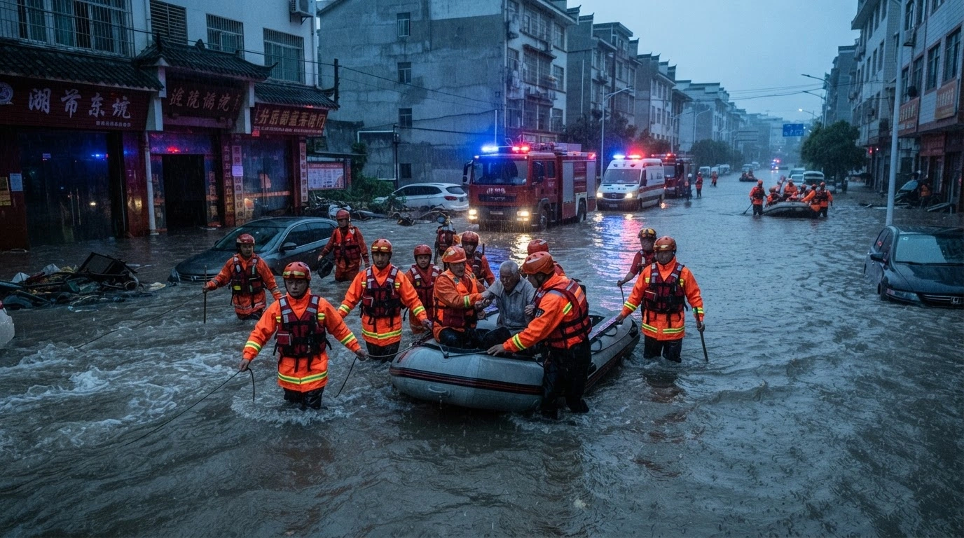 Emergency rescue workers navigate through flooded terrain in China following severe landslides and extreme weather events.