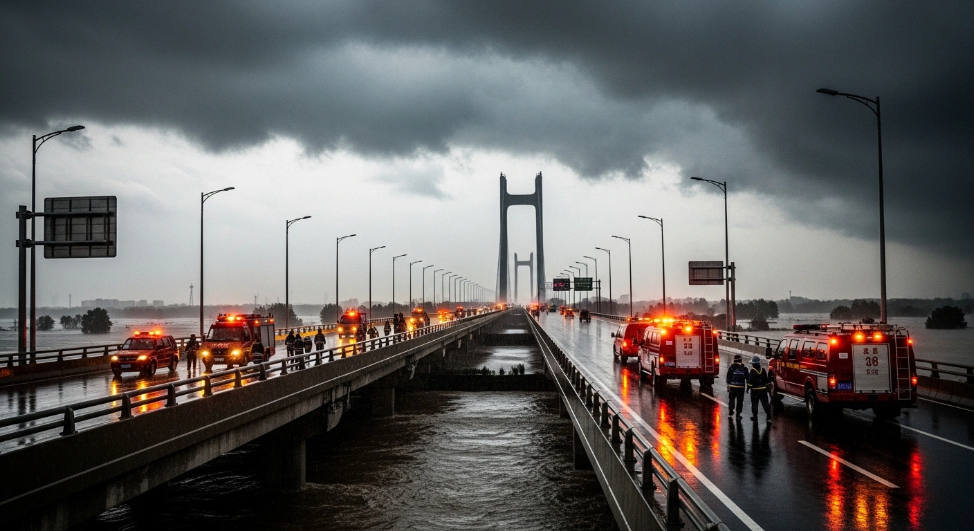 Emergency response vehicles manage traffic on a flooded highway in China during a severe rainstorm as part of a national disaster relief effort.