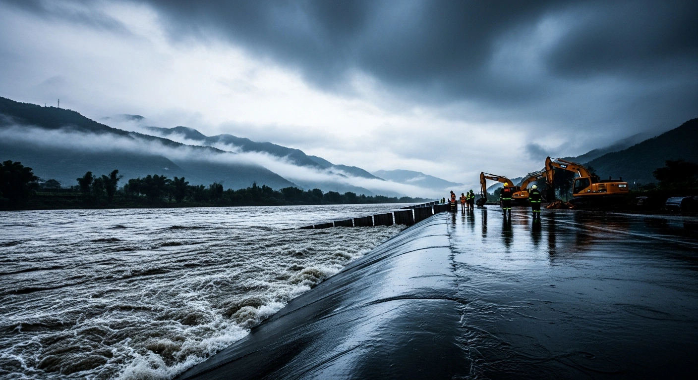 Emergency workers monitor rising water levels in a southern Chinese river basin as part of flood prevention measures during heavy rainfall.