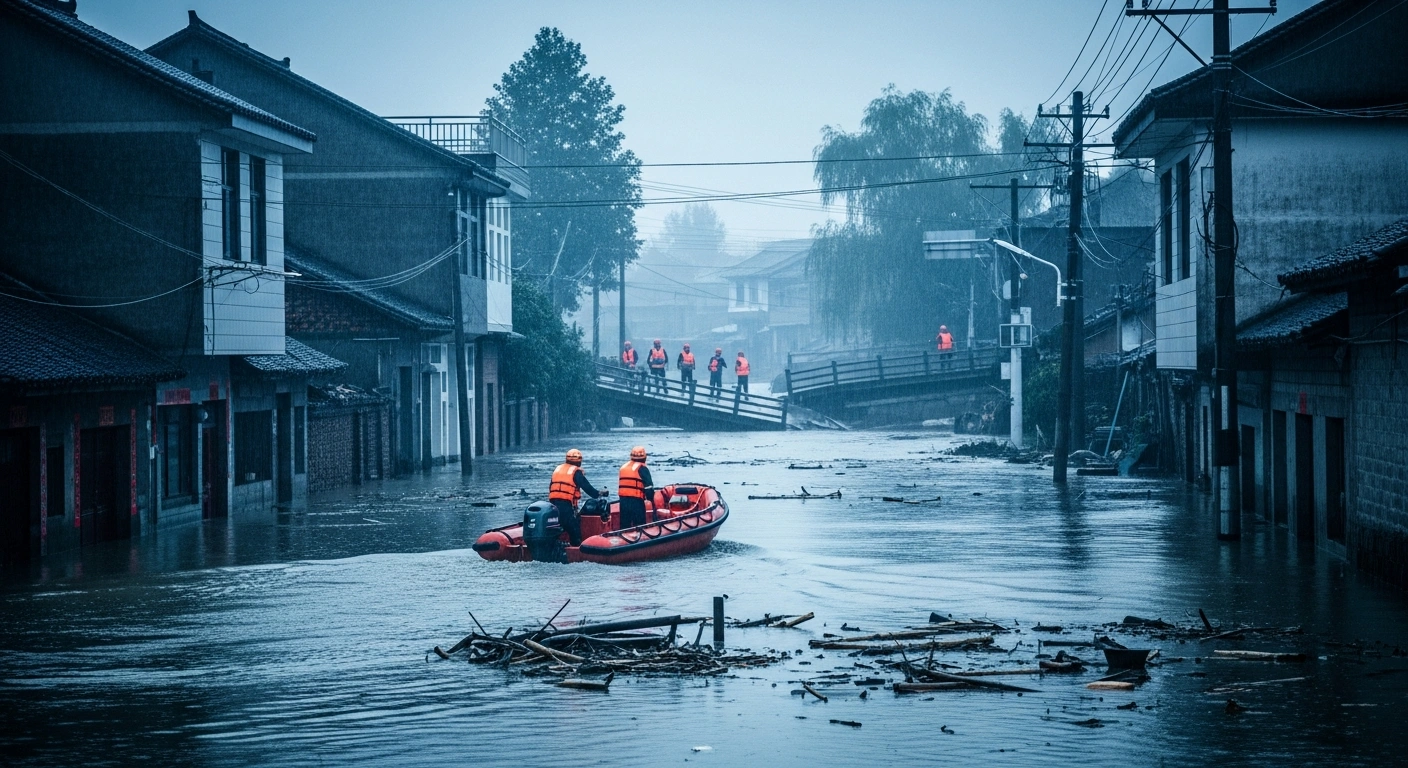 Emergency responders navigate a rescue boat through flooded streets in China's Hunan province following heavy rainfall and infrastructure damage.