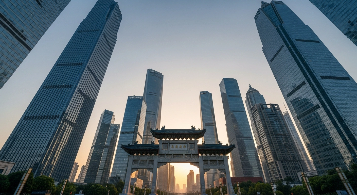 A wide shot of a modern Chinese city skyline at dawn, featuring towering glass skyscrapers illuminated by golden light, framed by a traditional ornate Chinese archway in the foreground, representing China's nuanced investment environment with a surge in new foreign-invested firms despite a decline in actual foreign direct investment.