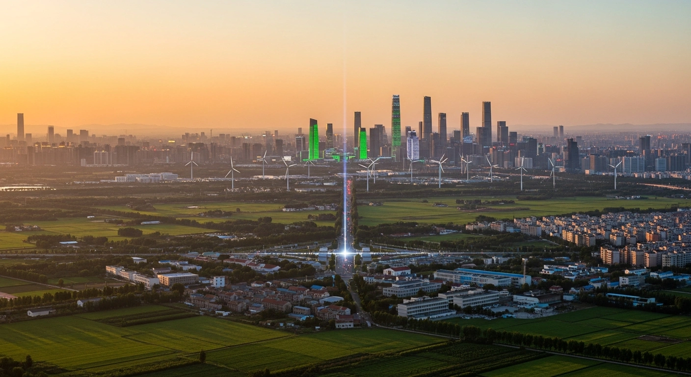 An aerial view of a Chinese landscape at sunset, depicting a blend of traditional agricultural fields, modern infrastructure, and a futuristic city skyline with high-tech buildings and wind turbines, symbolizing China's updated Catalogue of Encouraged Industries for Foreign Investment attracting capital into advanced manufacturing, modern services, high-tech, green sectors, and less developed regions.