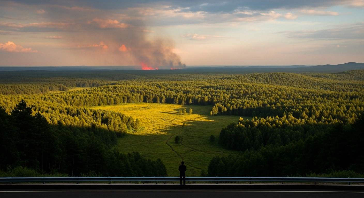 A wide shot shows a vast Chinese forest and grassland landscape under a hazy sunset, with a distant red glow hinting at fire, and a silhouetted figure standing at a protective barrier, symbolizing the new regulation for forest and grassland fire prevention and control signed by Chinese Premier Li Qiang to enhance ecological security and protect lives.