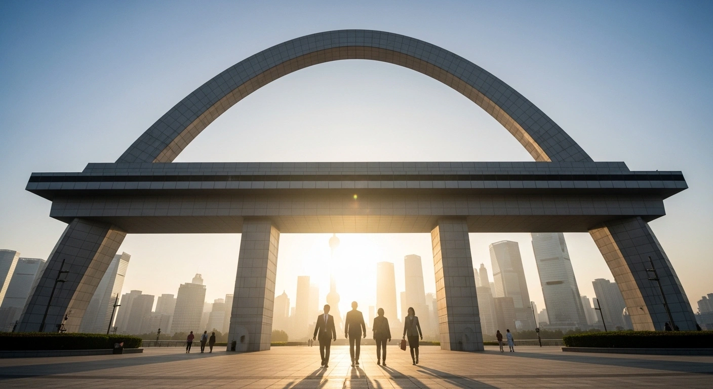 A futuristic, monumental archway, bathed in golden dawn light, symbolizes China's new foreign exchange measures implemented on September 15, 2025, designed to facilitate cross-border investment, lift property purchase curbs, and streamline financing for technology-focused SMEs.