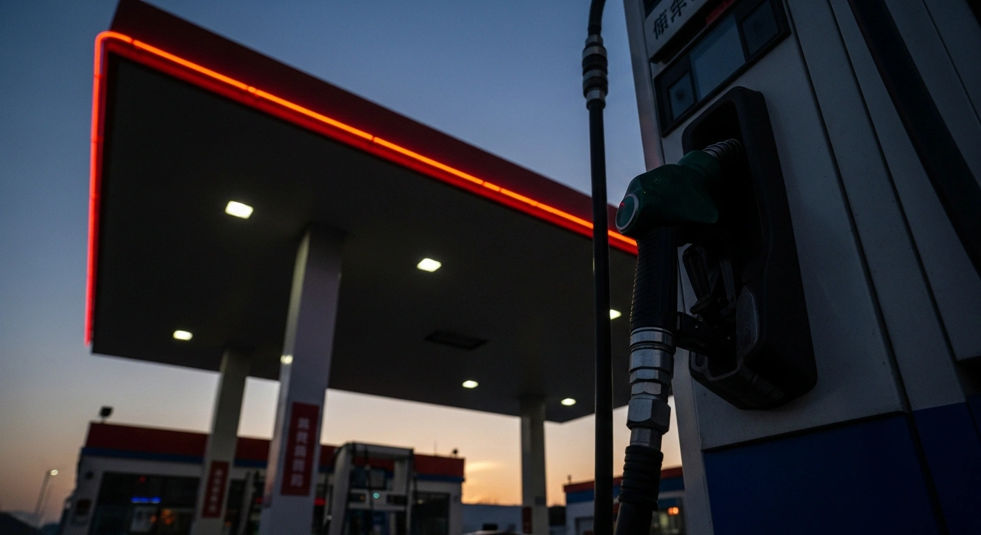 A modern Chinese gas station at dusk, with a fuel pump prominently featured, symbolizes the announced increase in retail gasoline and diesel prices in China, effective November 11, 2025, driven by shifts in international oil prices.