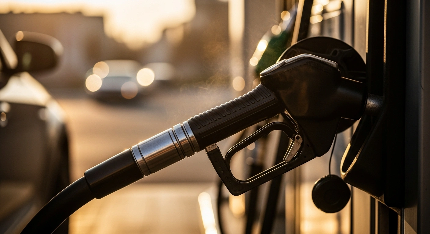 A close-up view of a fuel pump nozzle dispensing gasoline at a station in China following a national price adjustment.