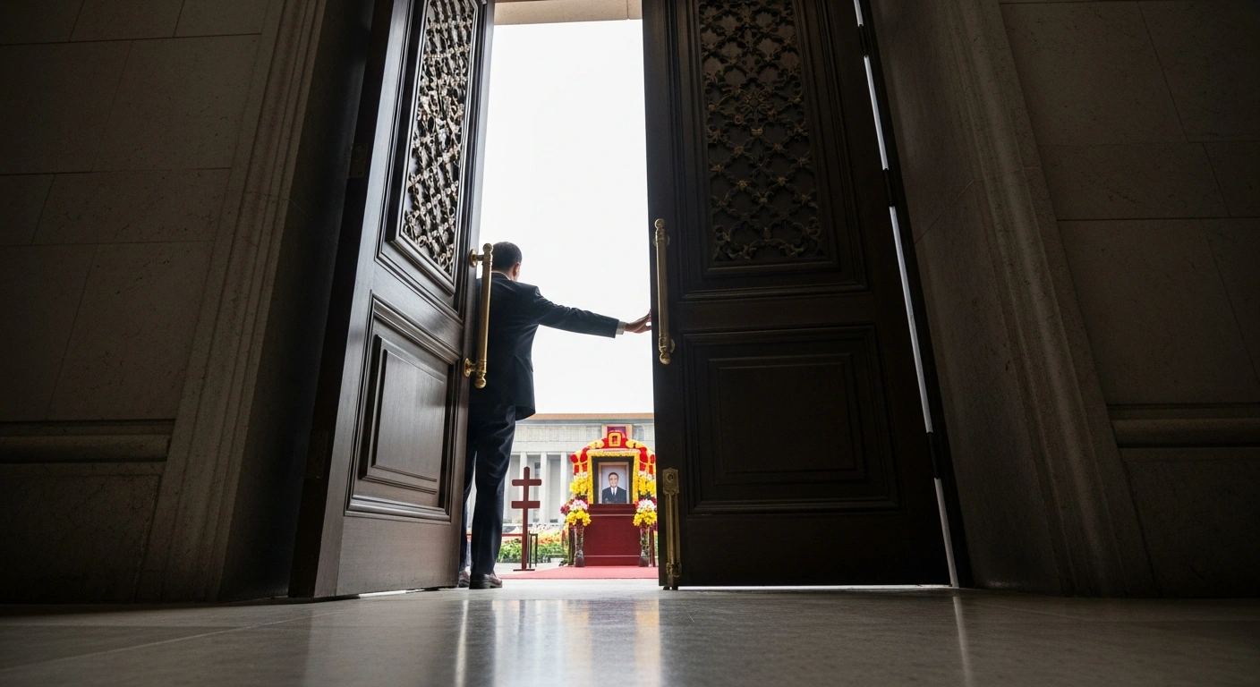 A low-angle view of a grand doorway in a modern Chinese government building, where a hand in a suit sleeve firmly closes an ornate door, symbolizing new regulations prohibiting medical institutions from providing funeral services and addressing corruption in the industry.