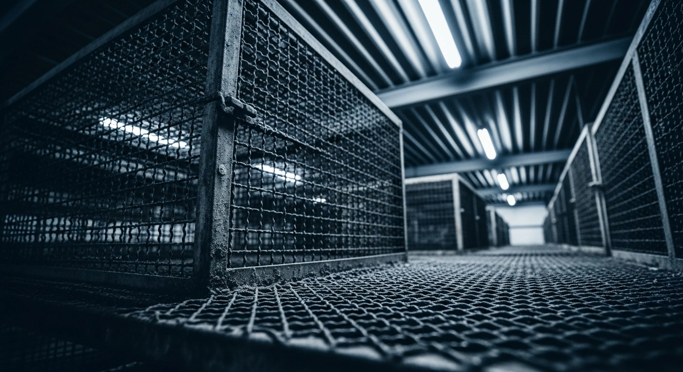 A dimly lit, industrial fur farming facility in northern China features rows of wire cages that highlight concerns regarding animal welfare conditions.