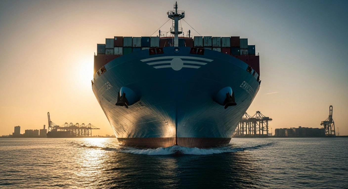 A colossal, modern container ship sails powerfully at sunset, symbolizing China's projected 4.8% real GDP growth by 2026, driven by robust export performance despite domestic economic challenges like weak household consumption and a property market downturn, as forecast by Goldman Sachs Research, highlighting its increasing competitiveness in global markets.
