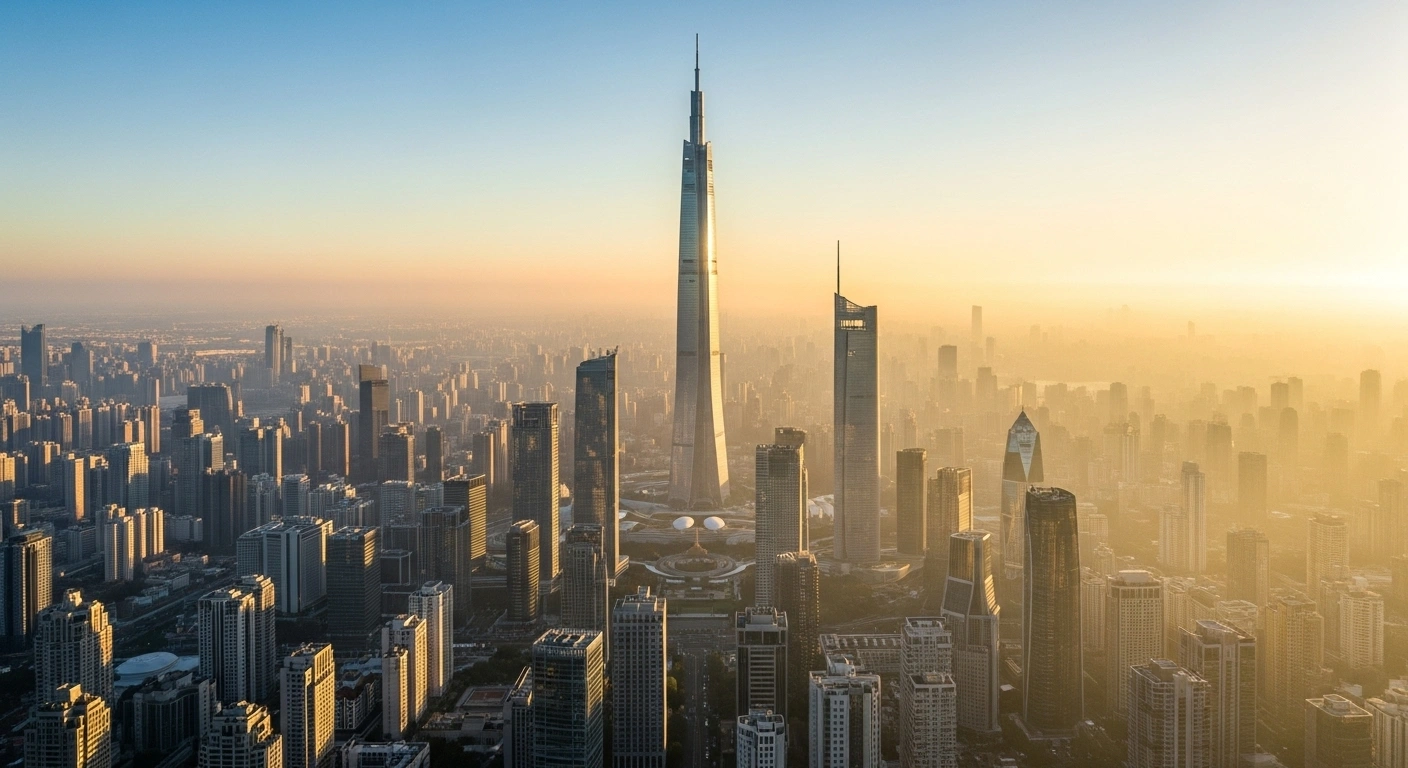 A futuristic cityscape at dawn, with a prominent, ascending skyscraper bathed in golden light symbolizing China's upward revised 2025 GDP growth, while a subtle, cool mist in the distance hints at the World Bank's forecast of slower 2026 momentum.