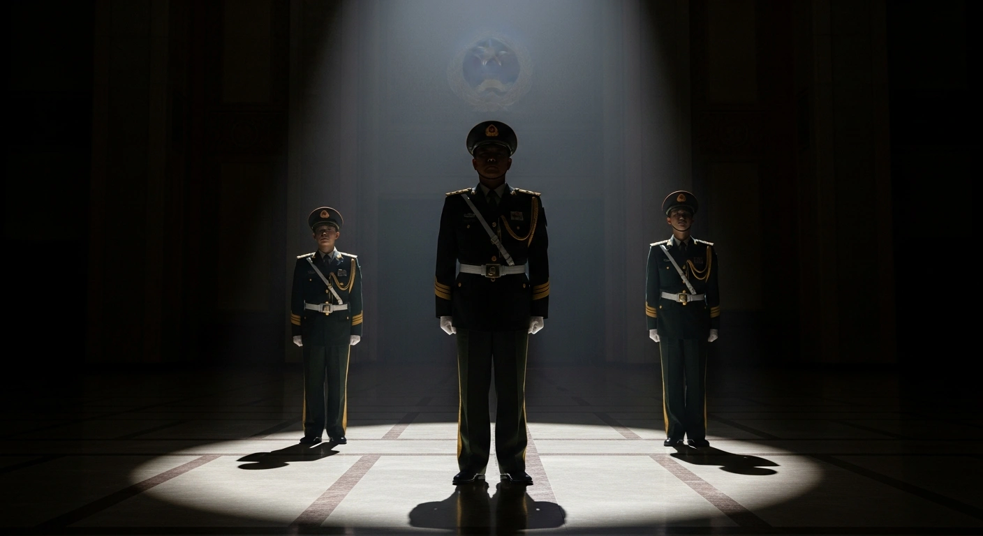 A dramatic, high-contrast image depicts a powerful, silhouetted figure, symbolizing consolidated control, standing over two subdued high-ranking Chinese generals in military uniforms within an imposing military hall, representing the ongoing investigations into 'serious violations of discipline and law' and a military purge by President Xi Jinping.