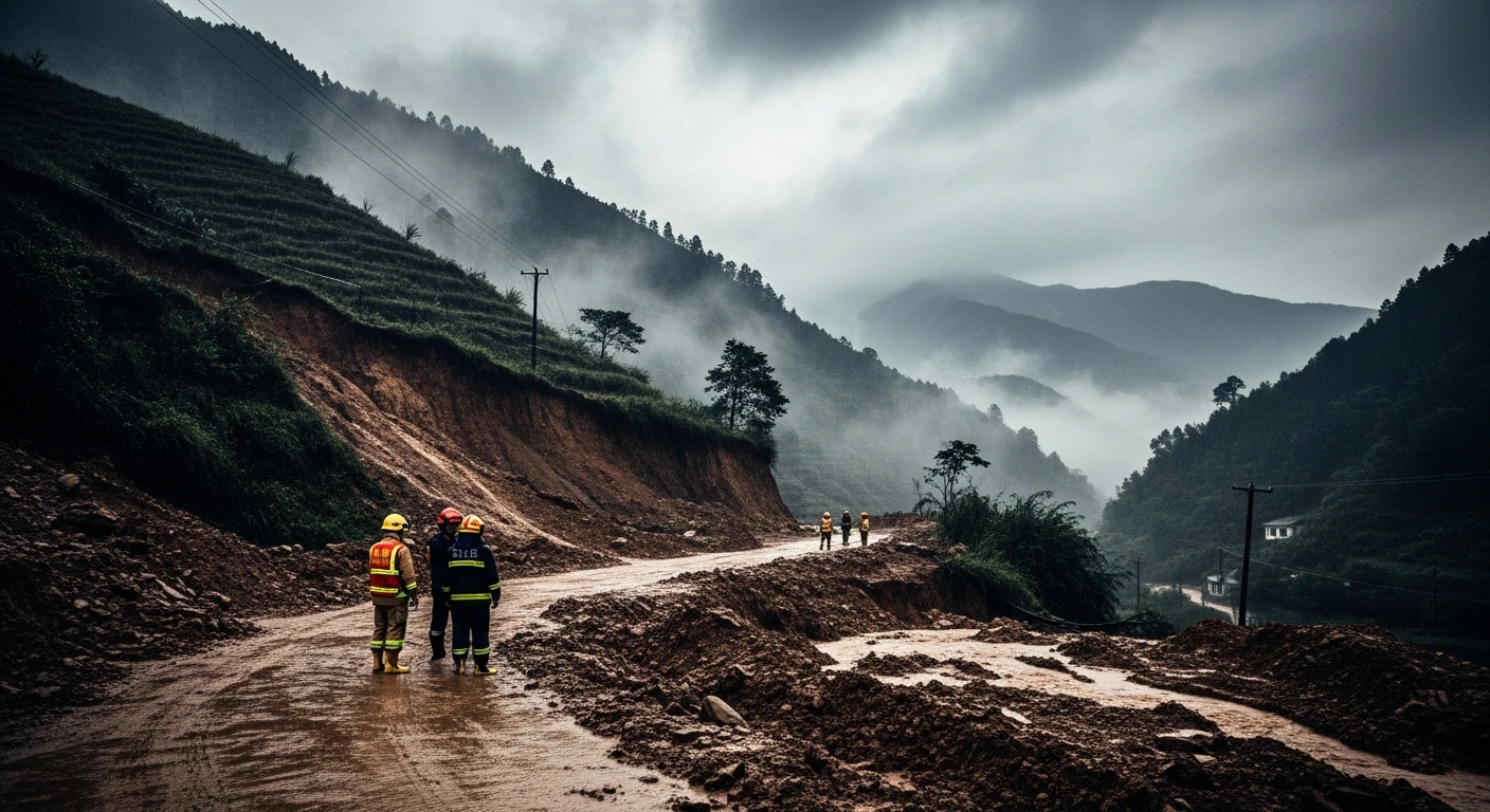 Emergency responders monitor a rain-soaked hillside in China following heavy rainfall that triggered a geological disaster alert.