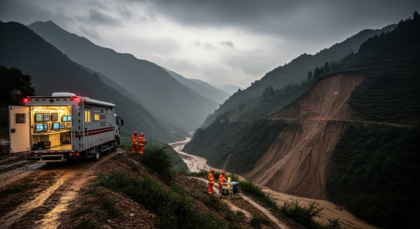 Emergency responders and monitoring equipment are deployed in a mountainous region of China to mitigate the risk of landslides and mudslides following severe weather.