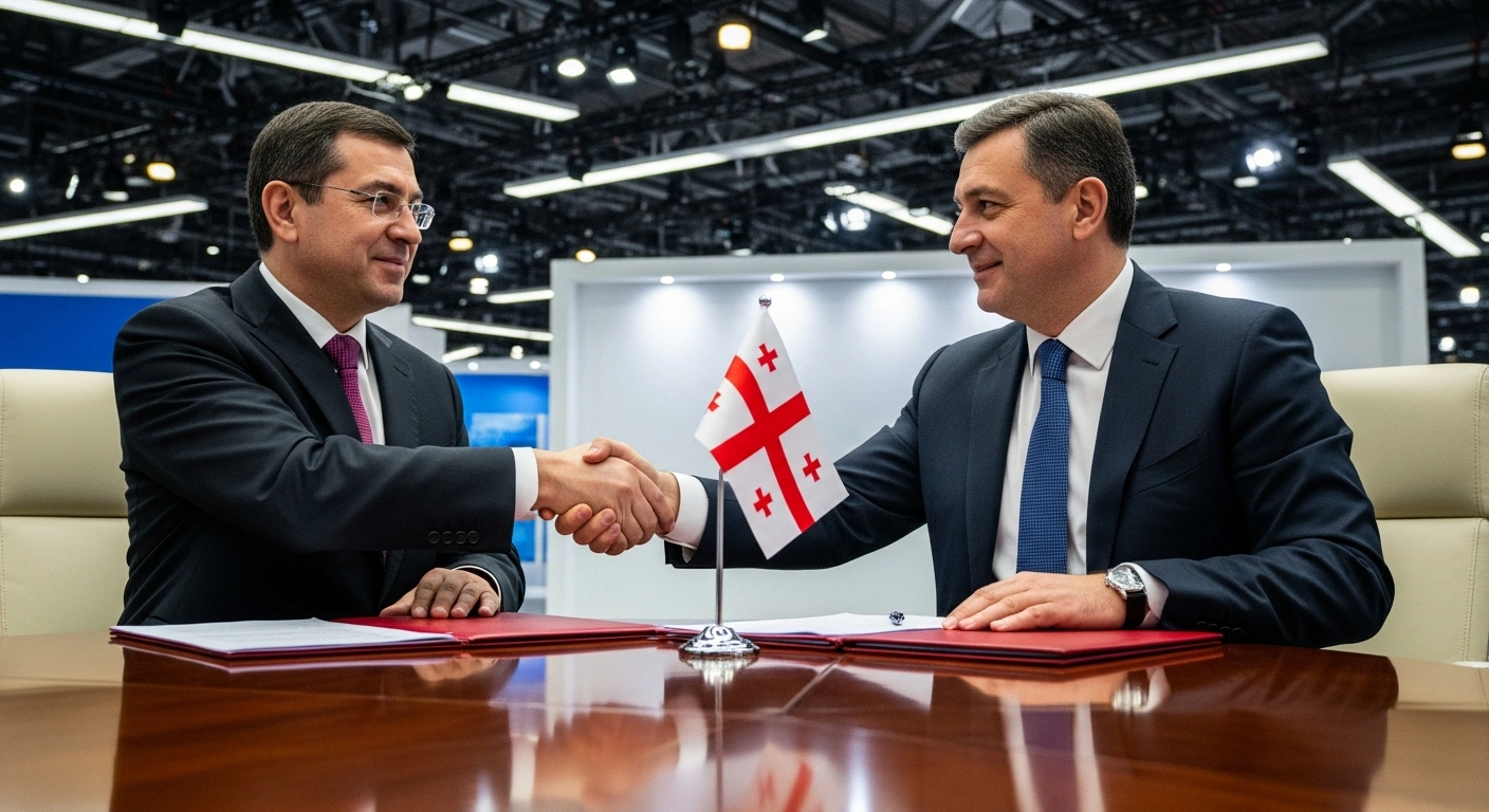 Chinese Premier Li Qiang and Georgian Prime Minister Irakli Kobakhidze shake hands across a conference table in a modern Shanghai exhibition hall, symbolizing their bilateral cooperation and the signing of documents.
