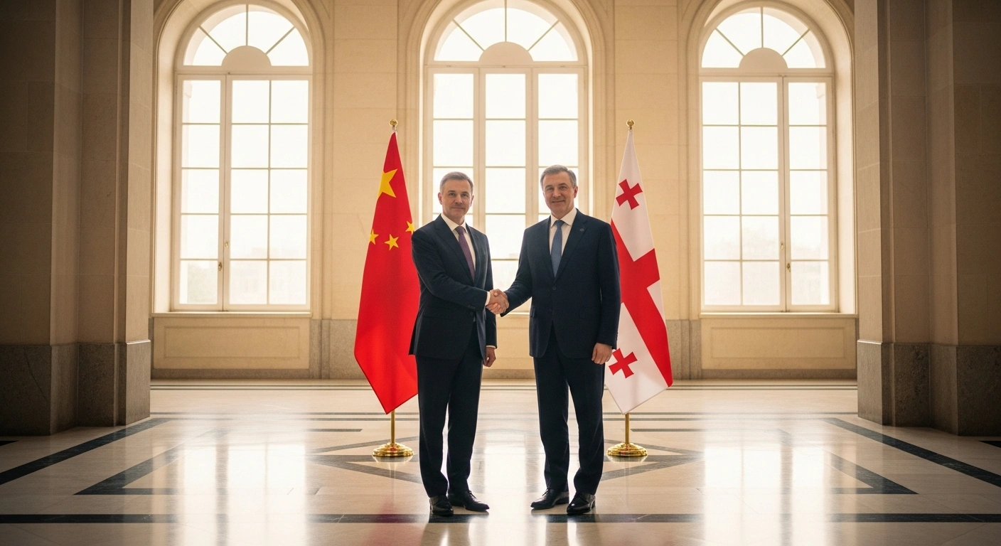 Two diplomats representing China and Georgia shake hands in a grand hall to mark the establishment of a new comprehensive strategic partnership.