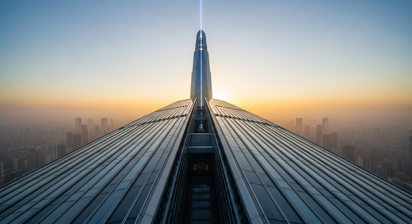 A towering, futuristic skyscraper bathed in golden light dominates a technologically advanced cityscape, symbolizing China's leadership in global patent filings with 1.8 million applications in 2024, accounting for nearly half of the worldwide total according to the WIPO report.