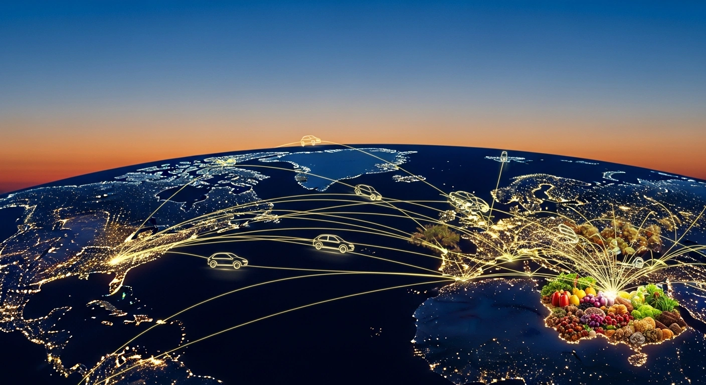 A stylized global map at dusk shows glowing trade routes originating from a brightly lit China, extending towards the European Union, Gulf nations, and Canada, while bypassing a dimly lit North American continent, with symbolic electric vehicles and agricultural products moving along these paths.