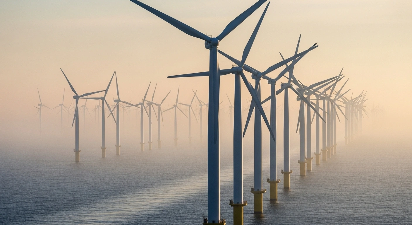 A photorealistic image depicts a vast offshore wind farm at dawn, featuring numerous large, modern wind turbines stretching into the misty horizon, symbolizing China's significant role in global offshore wind expansion and its leadership in renewable energy development through technological advancements and large-scale projects.