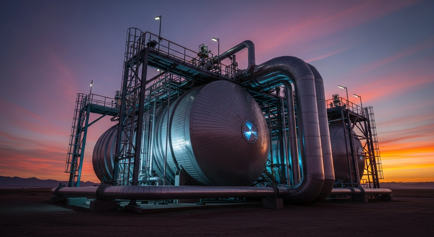 A colossal, futuristic liquid-air energy storage plant, featuring gleaming metallic tanks and intricate pipework, stands majestically in the vast Gobi Desert at twilight, representing China's 'Super Air Power Bank' and its advanced cryogenic technology for renewable energy storage.