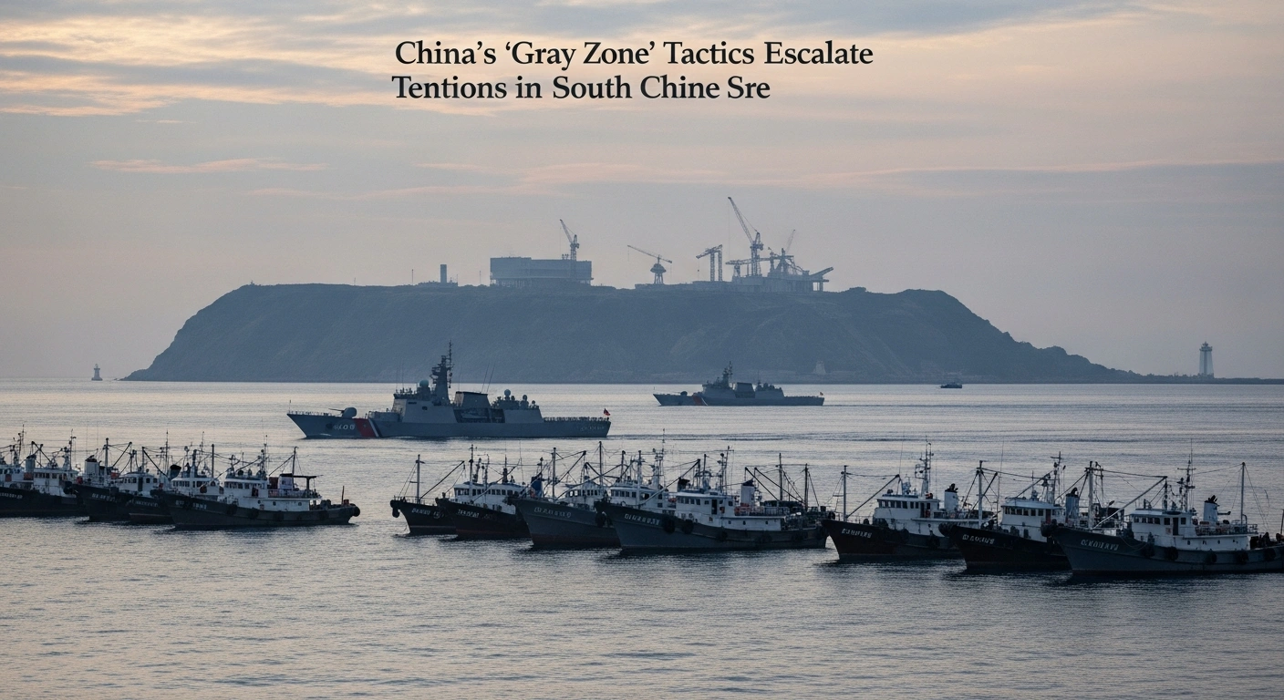A wide, cinematic shot at dawn shows a massive, newly constructed artificial island dominating the horizon in the South China Sea, with a fleet of subtly militarized civilian fishing vessels forming a loose blockade in the foreground and an imposing coast guard cutter in the middle distance, illustrating China's gray zone tactics and assertion of control over disputed waters.