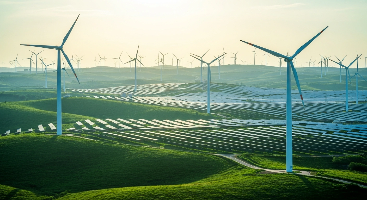 A vast landscape in China features wind turbines and solar panels as part of the country's green energy transition and decarbonization efforts.
