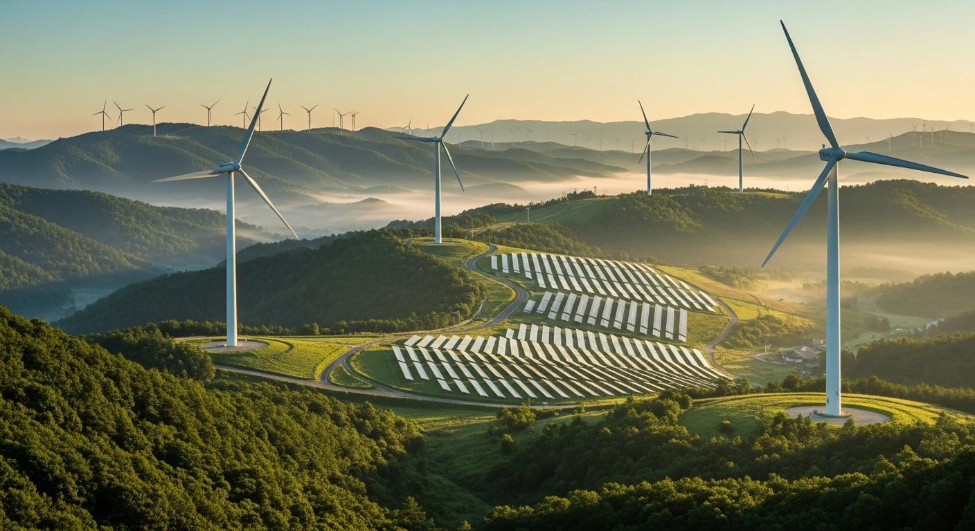 A vast landscape featuring wind turbines and solar panels in a green valley represents China's action plan for carbon peaking and green energy transition.