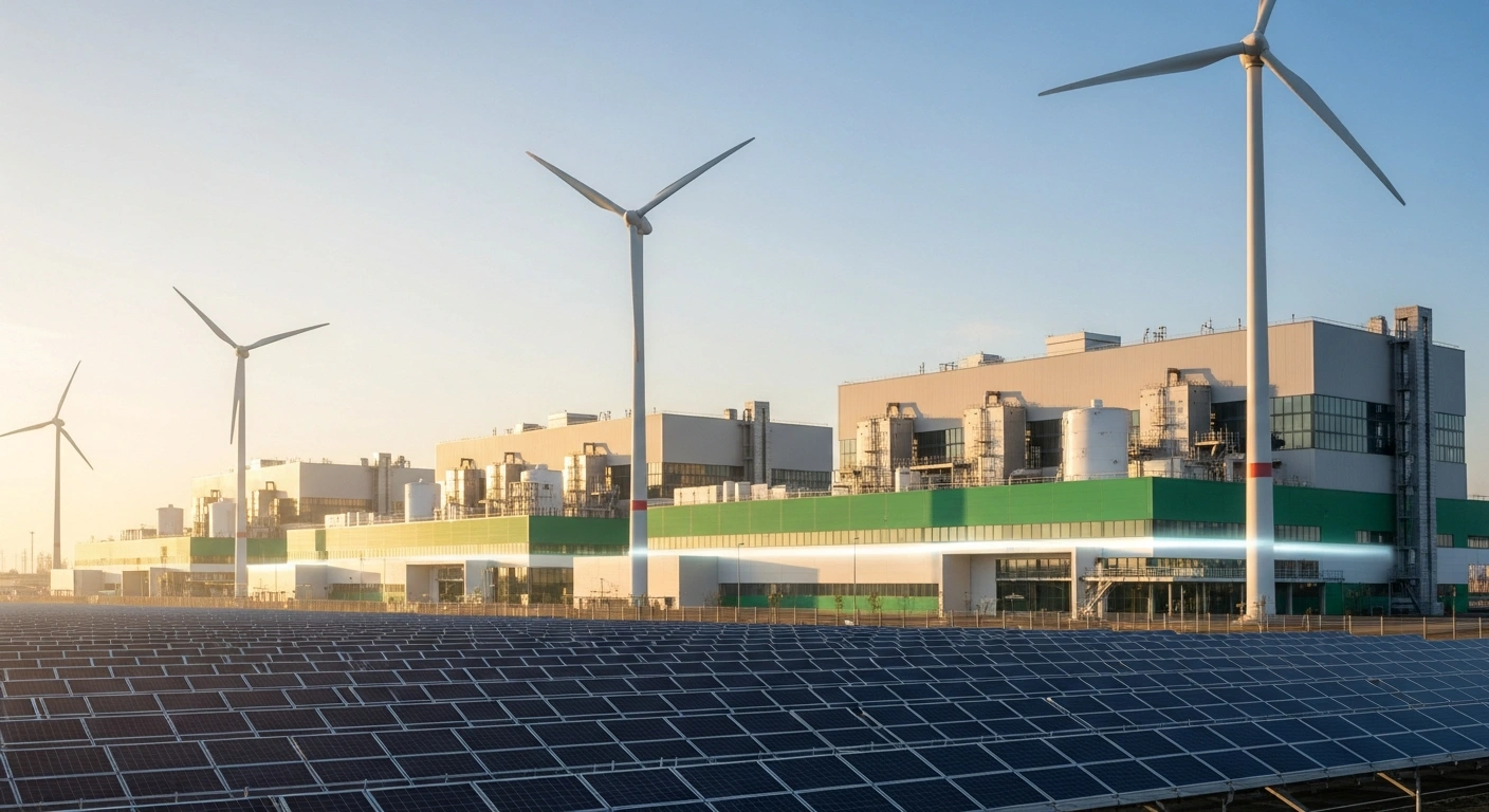 A modern industrial facility in China features wind turbines and solar panels as part of a strategic green energy transformation plan.