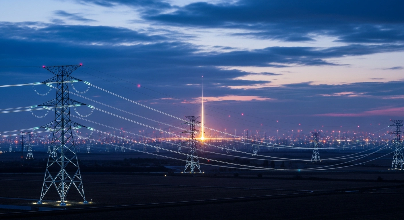 A wide, cinematic shot of a futuristic power grid at twilight, featuring modern transmission towers with a subtle glow and a central hub emitting a golden pulse of light, symbolizing China's 0.1-second blackout recovery technology enhancing global power grid protection and resilience for renewable energy integration.