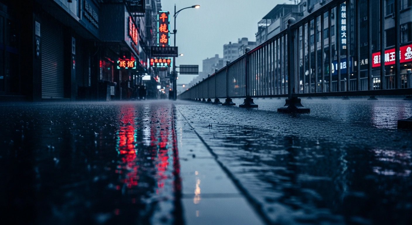 A heavy rainstorm floods a city street in China as the National Meteorological Center issues a blue alert for severe weather.