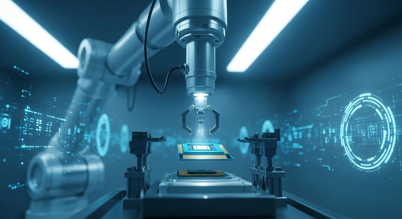 A high-tech robotic arm assembles a microchip in a modern laboratory, representing China's investment in scientific innovation and high-tech industries.