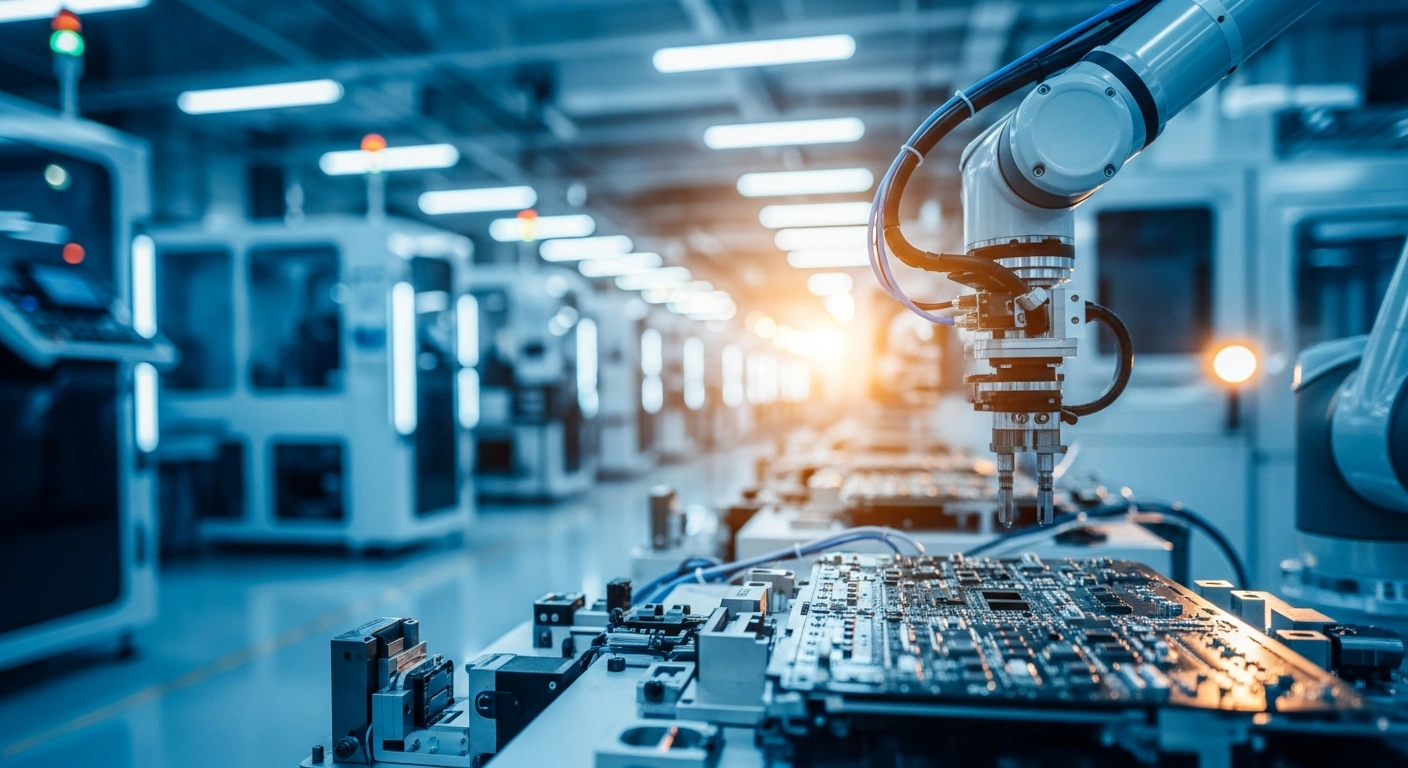 A high-tech manufacturing facility in China features robotic arms assembling advanced electronics, representing the growth of foreign-invested enterprises.