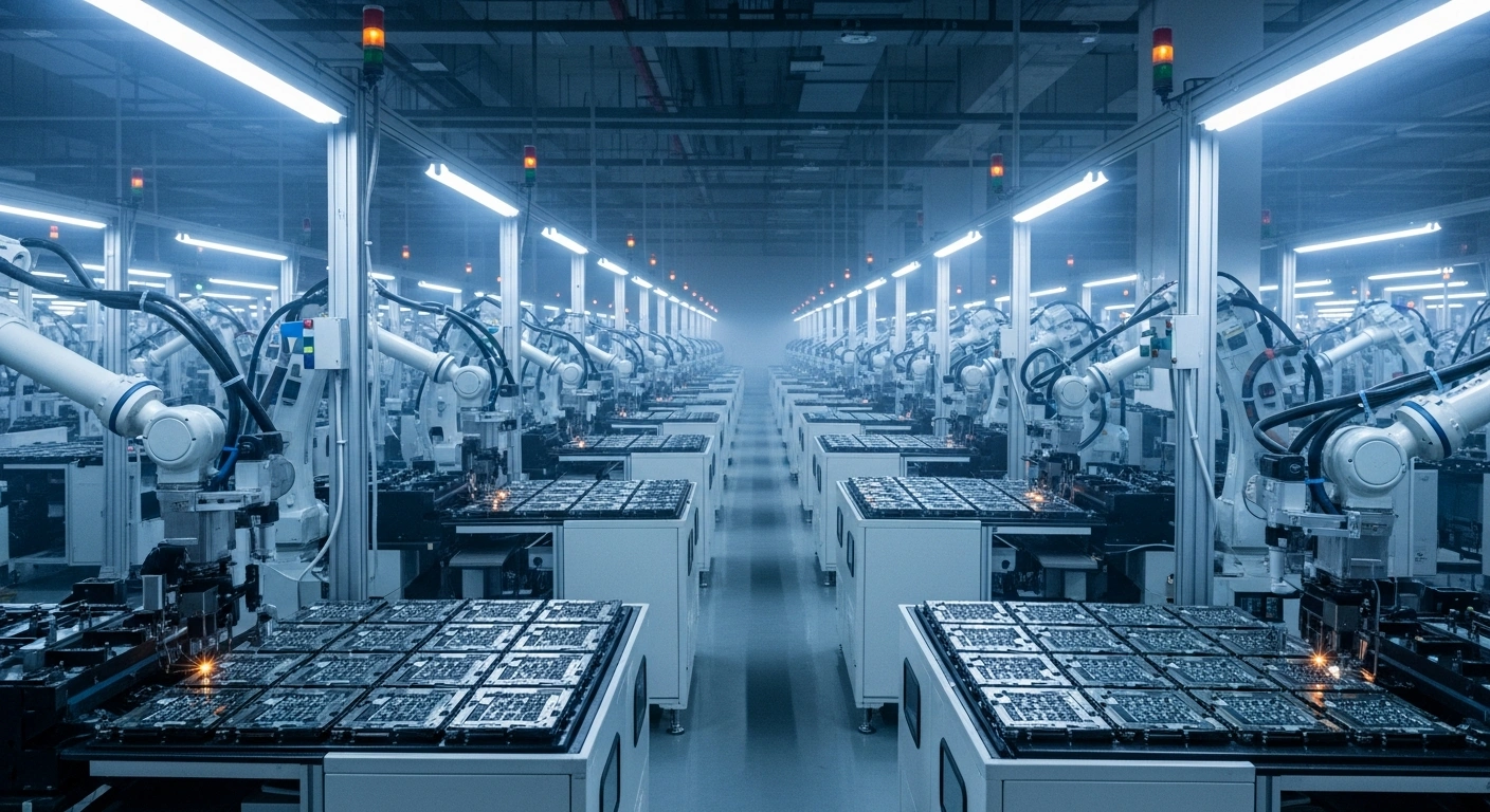 A futuristic Chinese high-tech manufacturing facility showcases advanced robotic arms meticulously assembling intricate circuit boards under cool blue lighting, symbolizing China's focus on industrial upgrading and technological self-reliance.