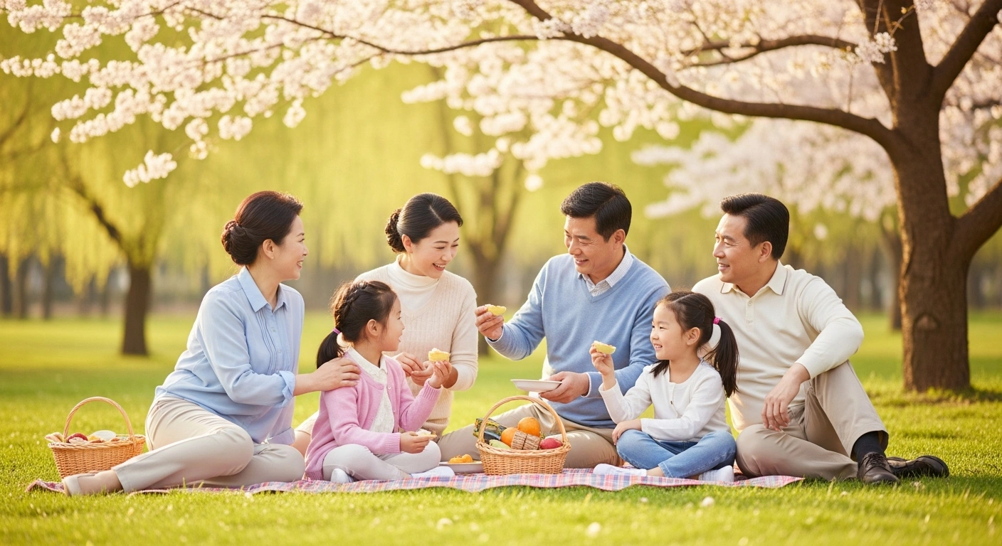 A Chinese family enjoys a spring picnic in a park as part of new government reforms to encourage domestic tourism and staggered paid leave.