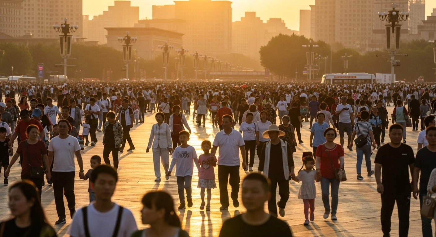 A wide, elevated shot of a bustling public square in a major Chinese city during golden hour, filled with hundreds of domestic tourists, illustrating the significant travel boom during China's 2023 National Day and Mid-Autumn Festival holiday.