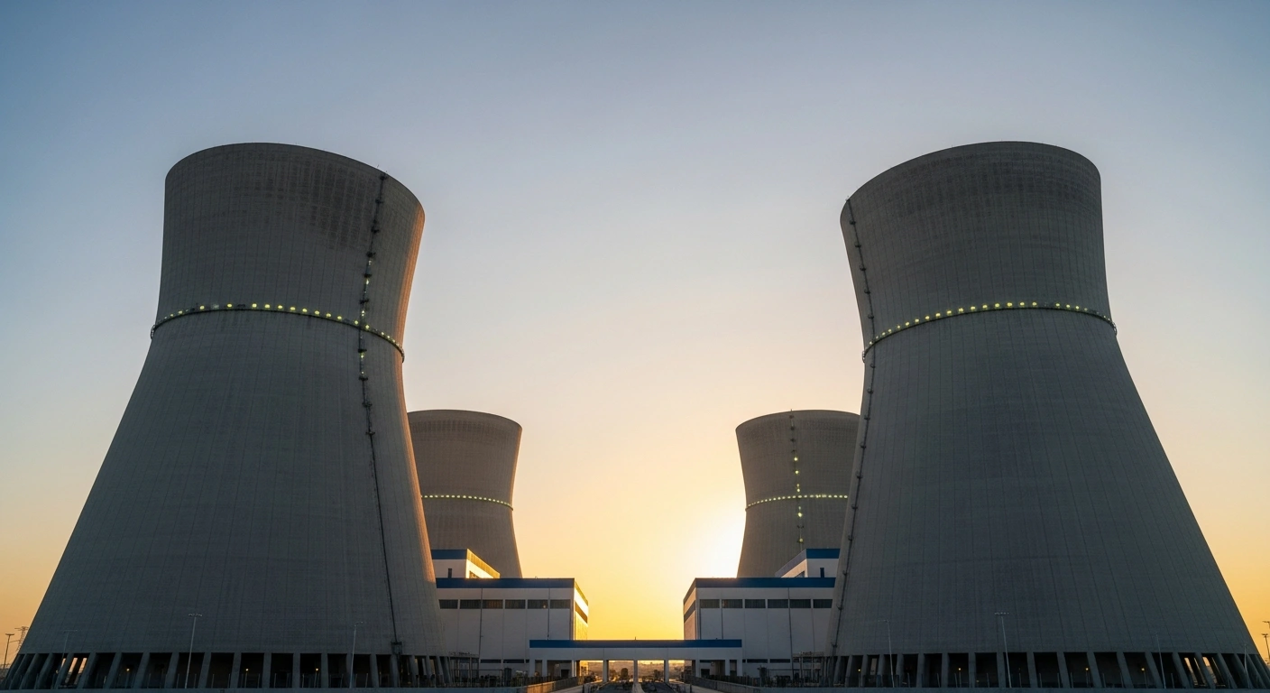 A wide shot at dawn shows two towering Hualong One nuclear reactors at the Zhangzhou power plant in Fujian province, China, glowing subtly as they begin commercial operation, marking the world's largest nuclear power base and boosting clean energy.