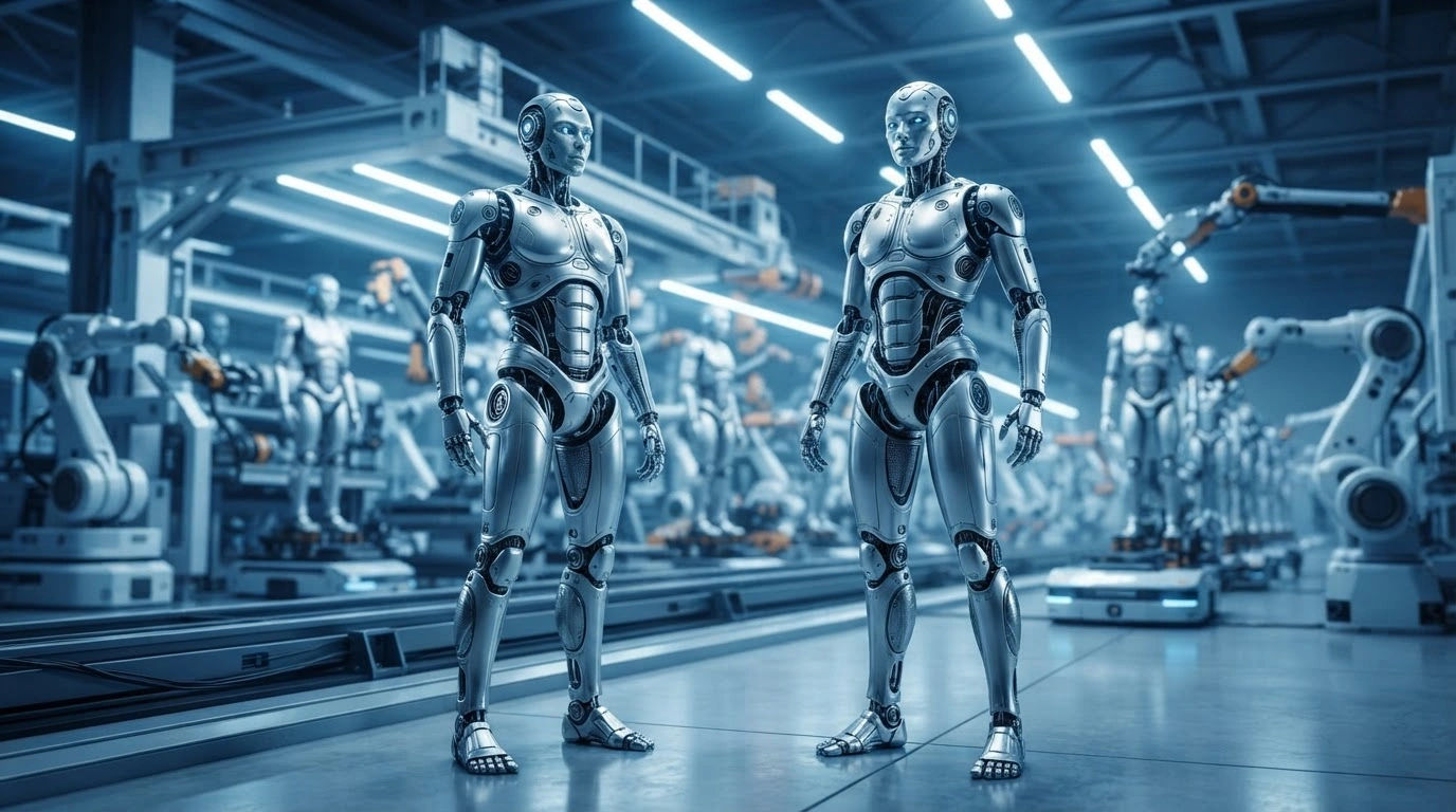 A sleek humanoid robot stands in a high-tech Chinese manufacturing facility where numerous robotic units are being produced for industrial use.
