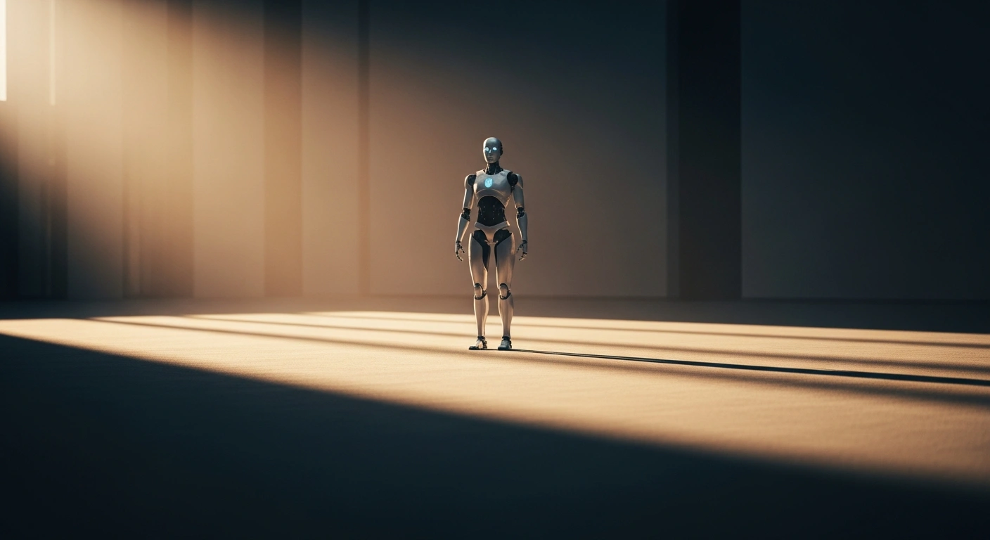 A sleek, metallic humanoid robot stands in a grand, minimalist hall bathed in golden light, symbolizing China's official unveiling of its national standard system for humanoid robotics and embodied artificial intelligence in Beijing.