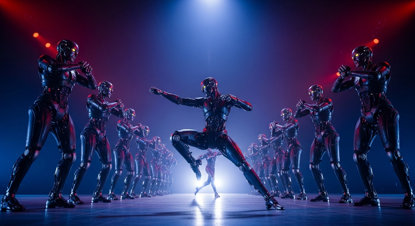 Advanced humanoid robots from Unitree Robotics, MagicLab, Galbot, and Noetix perform complex martial arts and synchronized dance routines on stage during China's 2026 CCTV Spring Festival Gala, showcasing the nation's leadership in robotics and AI development.