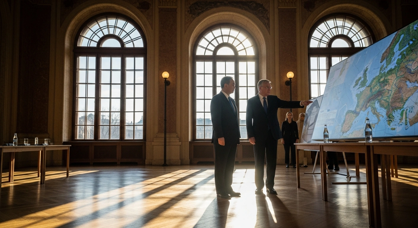Chinese Foreign Minister Wang Yi and a Hungarian leader are shown in a grand, sunlit Budapest hall, engaged in a strategic discussion about strengthening economic cooperation and increasing Chinese investments in Hungary.