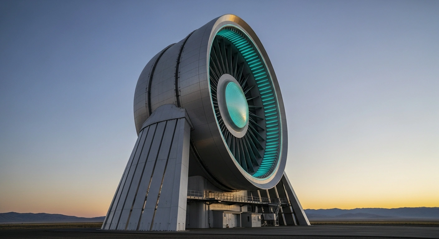 A colossal, futuristic Jupiter I 30-megawatt pure hydrogen gas super-turbine, developed by Mingyang Hydrogen, stands illuminated against a dramatic sunset in the vast Inner Mongolian landscape, symbolizing China's engineering achievement in clean energy capable of powering 5,500 homes and significantly reducing carbon emissions.