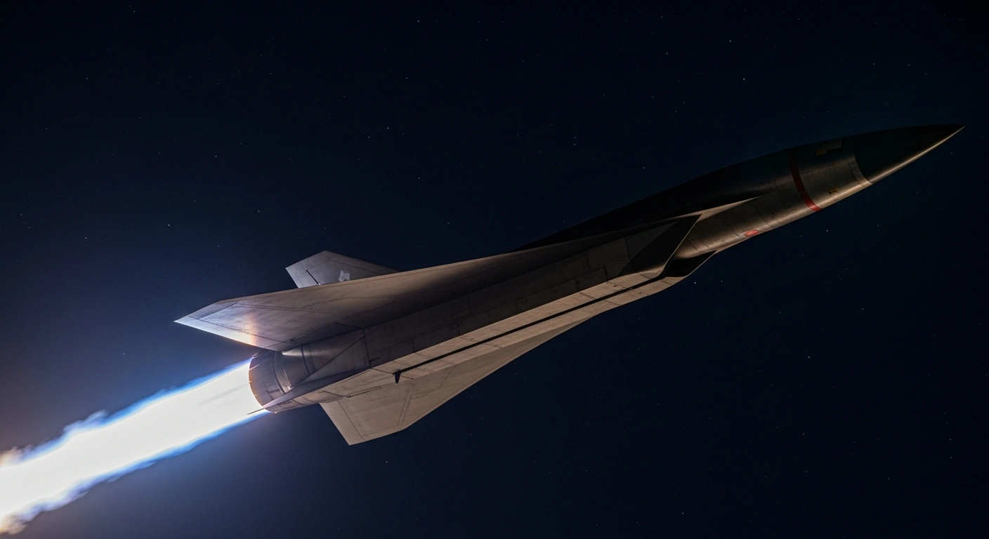 A sleek, dark metallic Chinese CJ-1000 scramjet-powered hypersonic cruise missile ignites, its superheated blue-white exhaust plume searing the night sky, highlighting its advanced aerodynamic form.